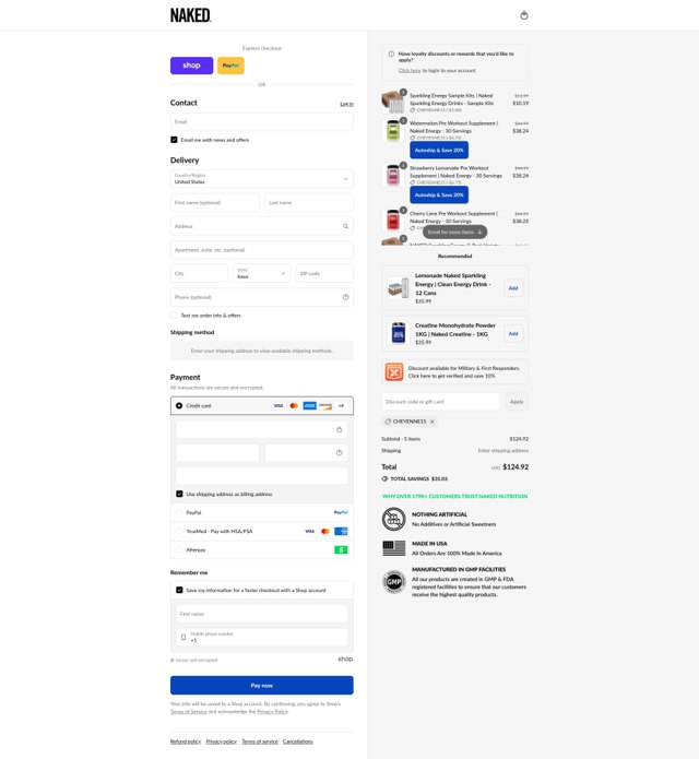 Naked Nutrition checkout page showing Naked Nutrition discount code box | Screenshot taken by SimplyCodes community member on Sep 8, 2025