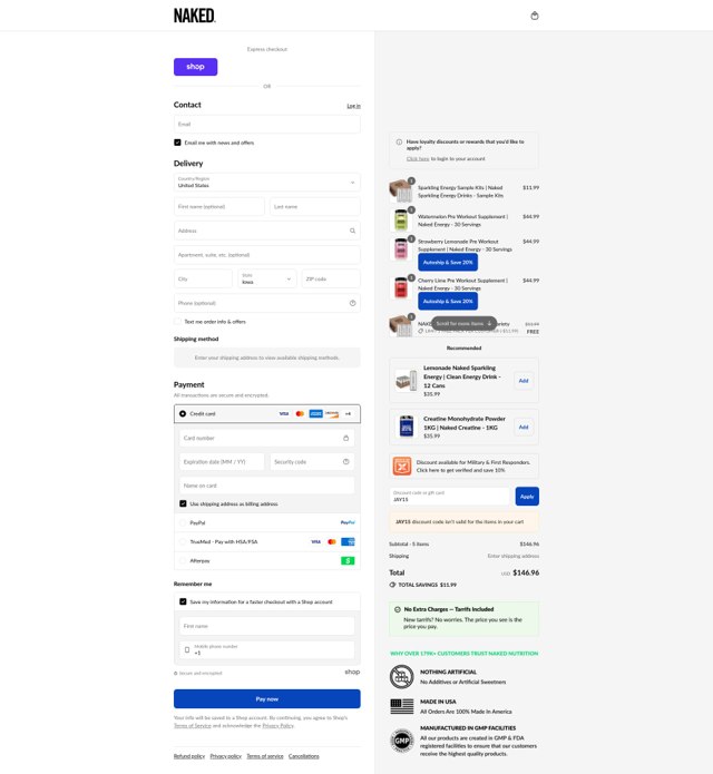 Naked Nutrition checkout page showing Naked Nutrition discount code box | Screenshot taken by SimplyCodes community member on Sep 8, 2025