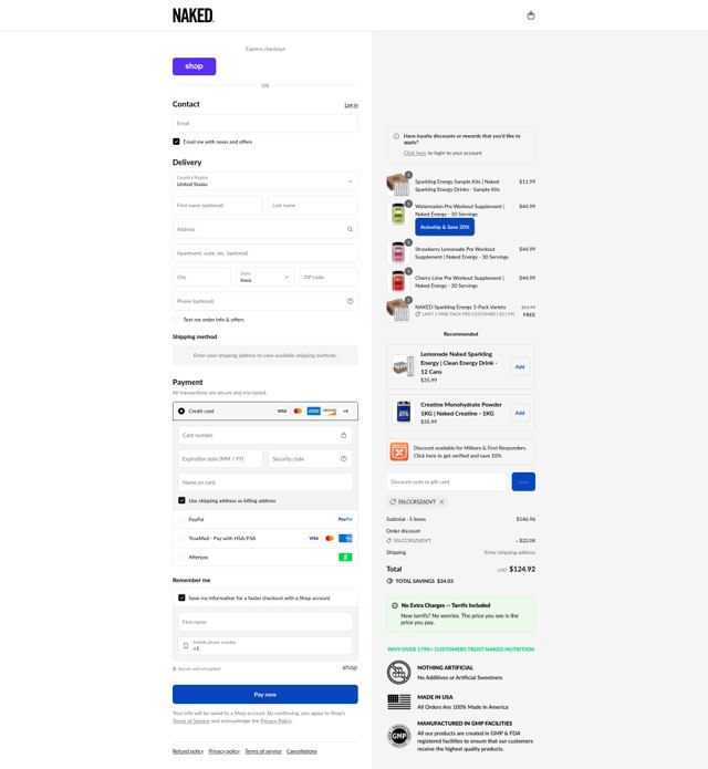 Naked Nutrition checkout page showing Naked Nutrition discount code box | Screenshot taken by SimplyCodes community member on Sep 8, 2025