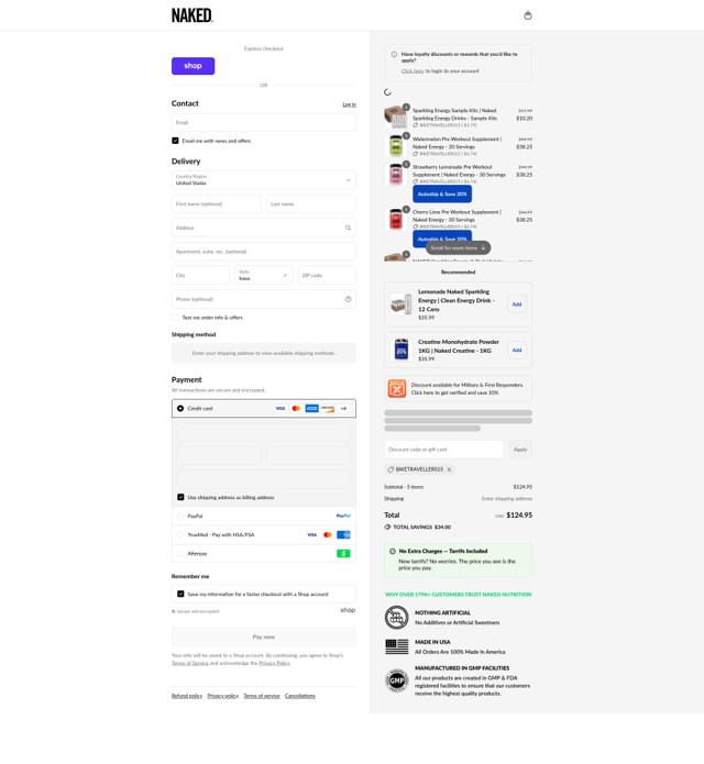 Naked Nutrition checkout page showing Naked Nutrition discount code box | Screenshot taken by SimplyCodes community member on Sep 8, 2025