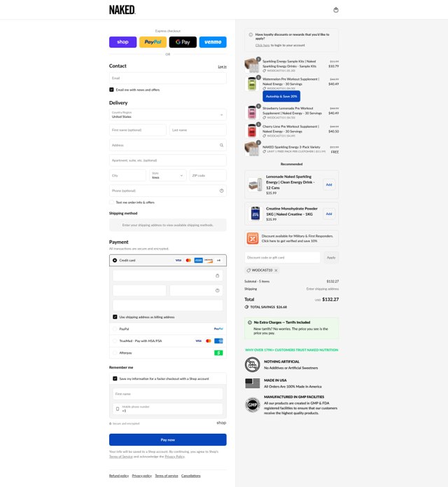 Naked Nutrition checkout page showing Naked Nutrition discount code box | Screenshot taken by SimplyCodes community member on Sep 8, 2025
