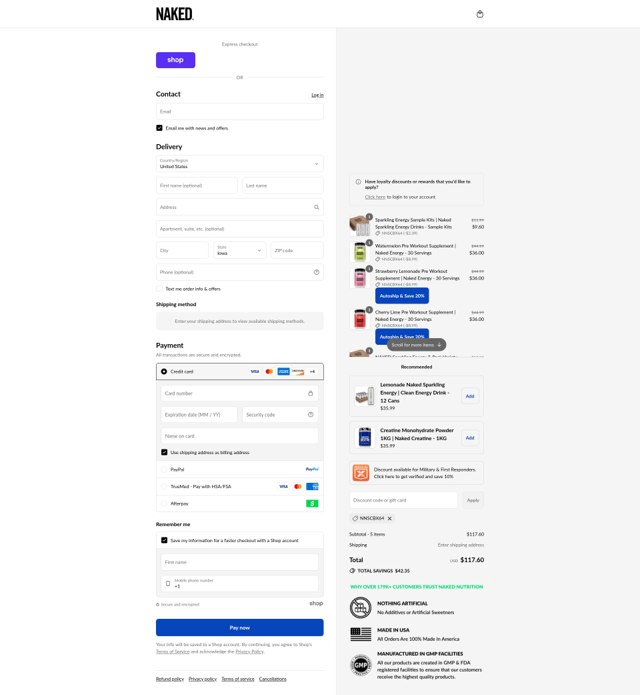 Naked Nutrition checkout page showing Naked Nutrition discount code box | Screenshot taken by SimplyCodes community member on Sep 8, 2025