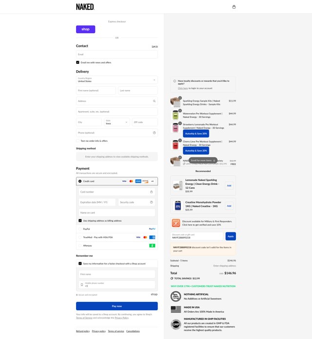 Naked Nutrition checkout page showing Naked Nutrition discount code box | Screenshot taken by SimplyCodes community member on Sep 8, 2025