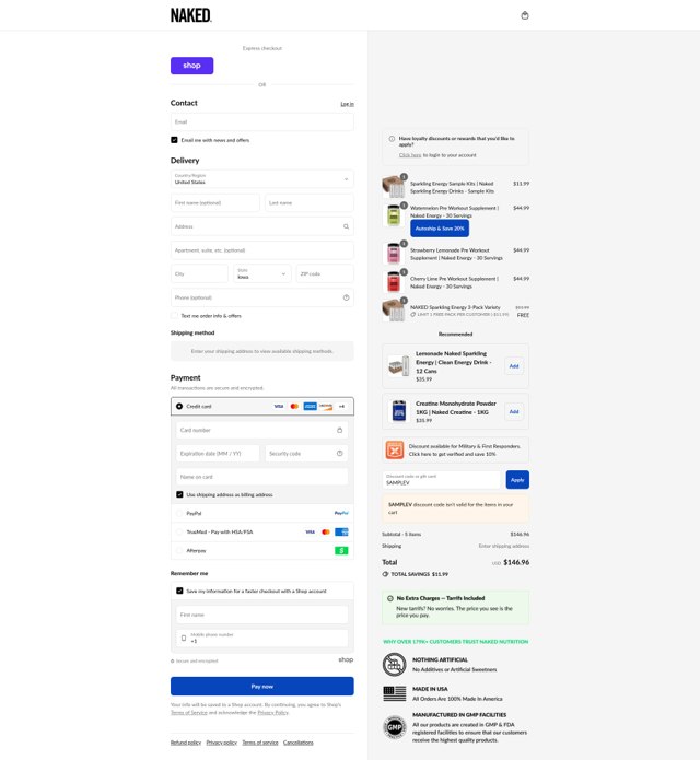 Naked Nutrition checkout page showing Naked Nutrition discount code box | Screenshot taken by SimplyCodes community member on Sep 8, 2025