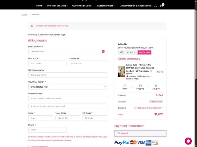 NakeDoll checkout page showing NakeDoll promo code box | Screenshot taken by SimplyCodes community member on Sep 4, 2025