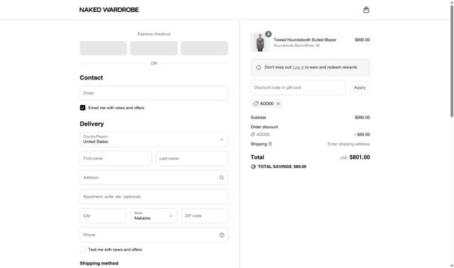 Naked Wardrobe checkout page showing Naked Wardrobe coupon code box | Screenshot taken by SimplyCodes community member on Sep 14, 2025