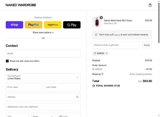 Naked Wardrobe checkout page showing Naked Wardrobe coupon code box | Screenshot taken by SimplyCodes community member on Sep 12, 2025