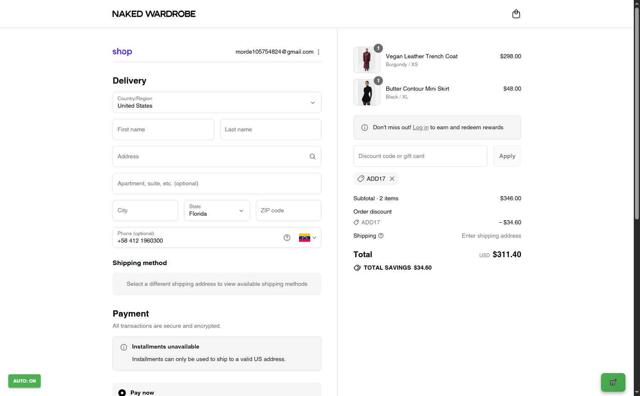 Naked Wardrobe checkout page showing Naked Wardrobe coupon code box | Screenshot taken by SimplyCodes community member on Sep 12, 2025
