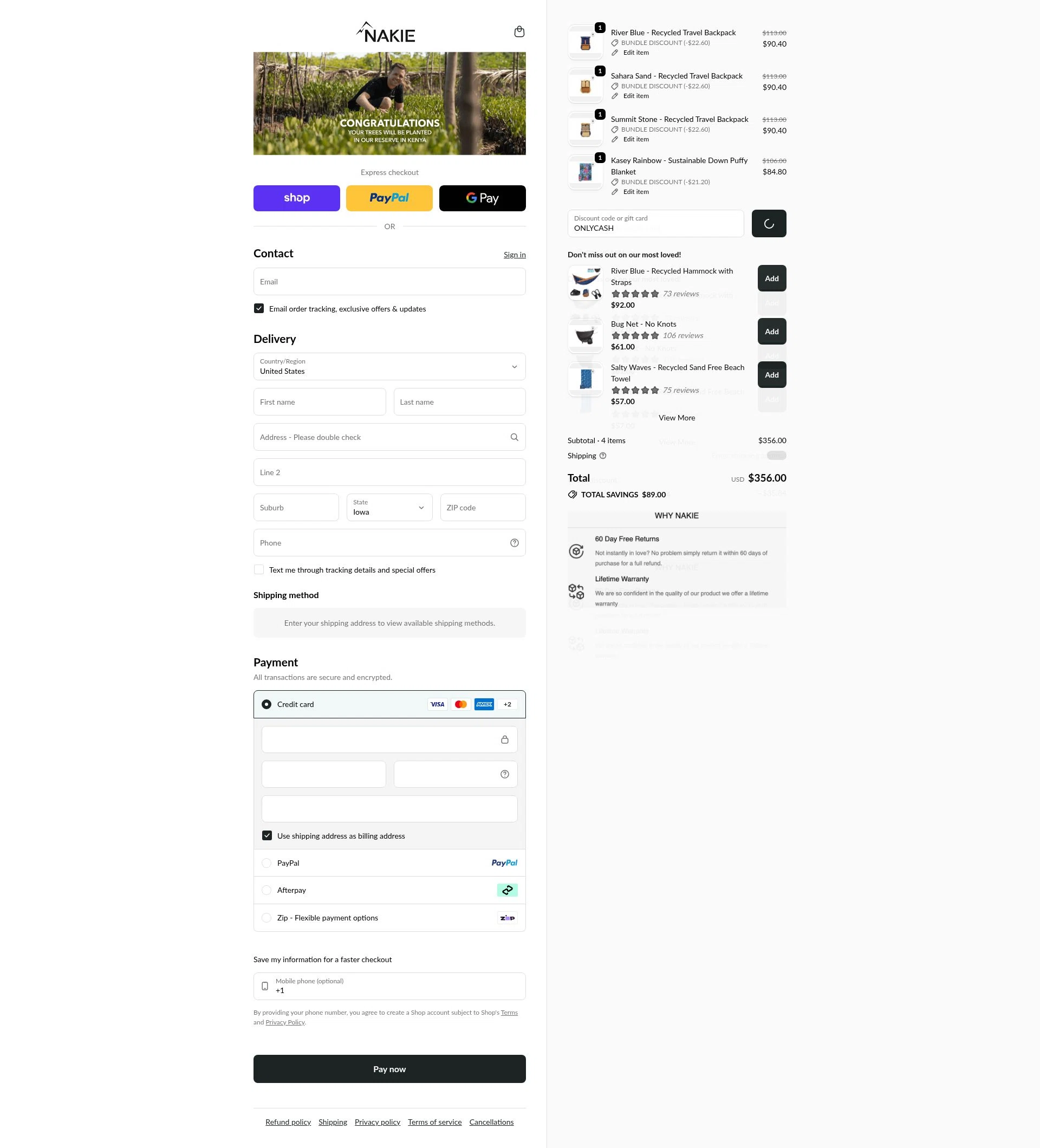 Nakie checkout page showing Nakie coupon code box | Screenshot taken by SimplyCodes community member on Feb 17, 2026