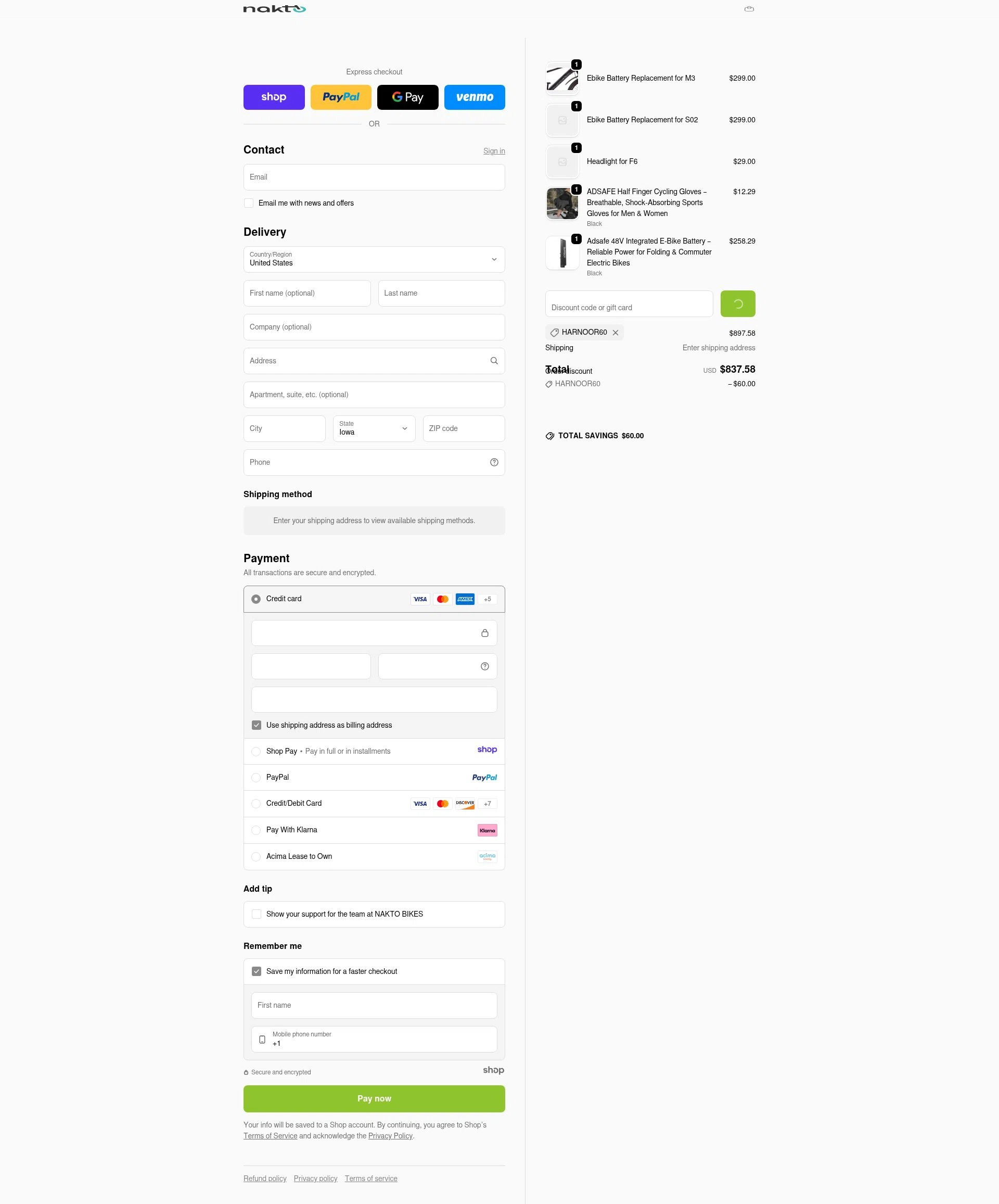 NAKTO Bikes checkout page showing NAKTO Bikes promo code box | Screenshot taken by SimplyCodes community member on Jan 8, 2026