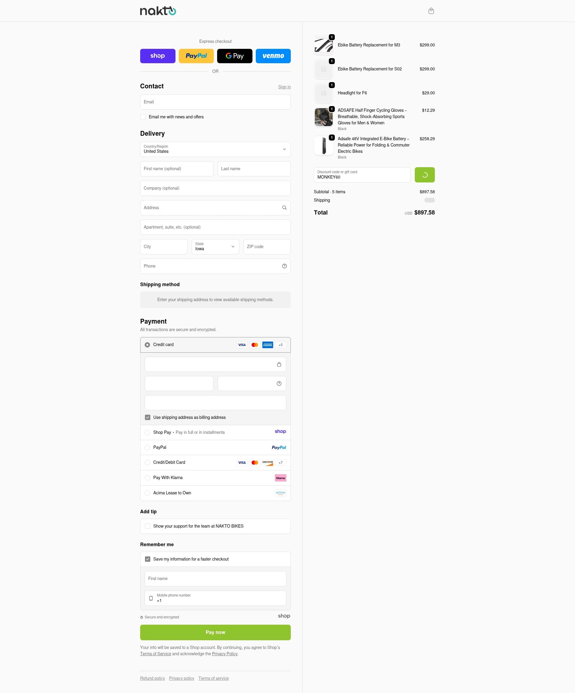 NAKTO Bikes checkout page showing NAKTO Bikes promo code box | Screenshot taken by SimplyCodes community member on Jan 8, 2026