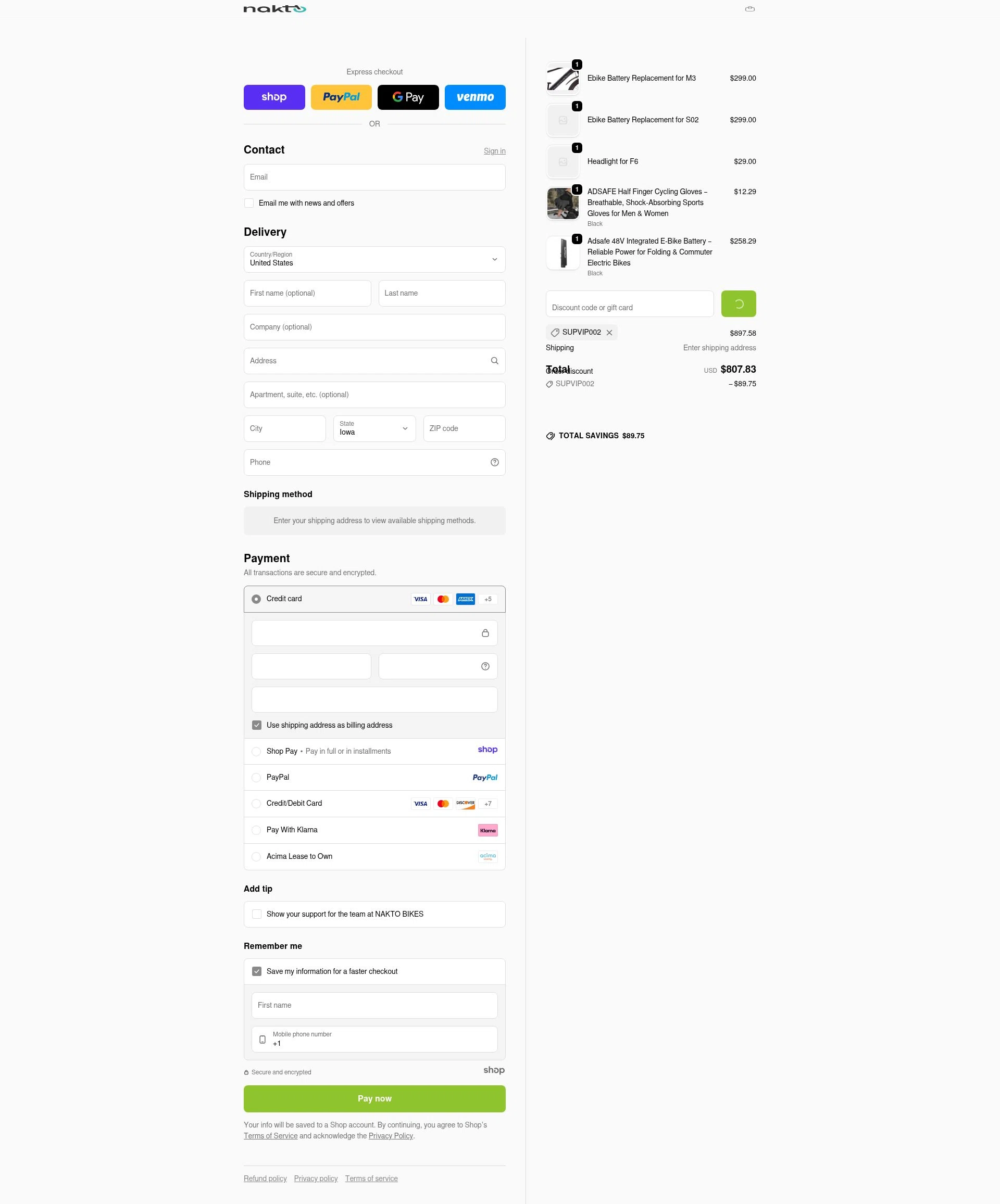 NAKTO Bikes checkout page showing NAKTO Bikes promo code box | Screenshot taken by SimplyCodes community member on Jan 8, 2026
