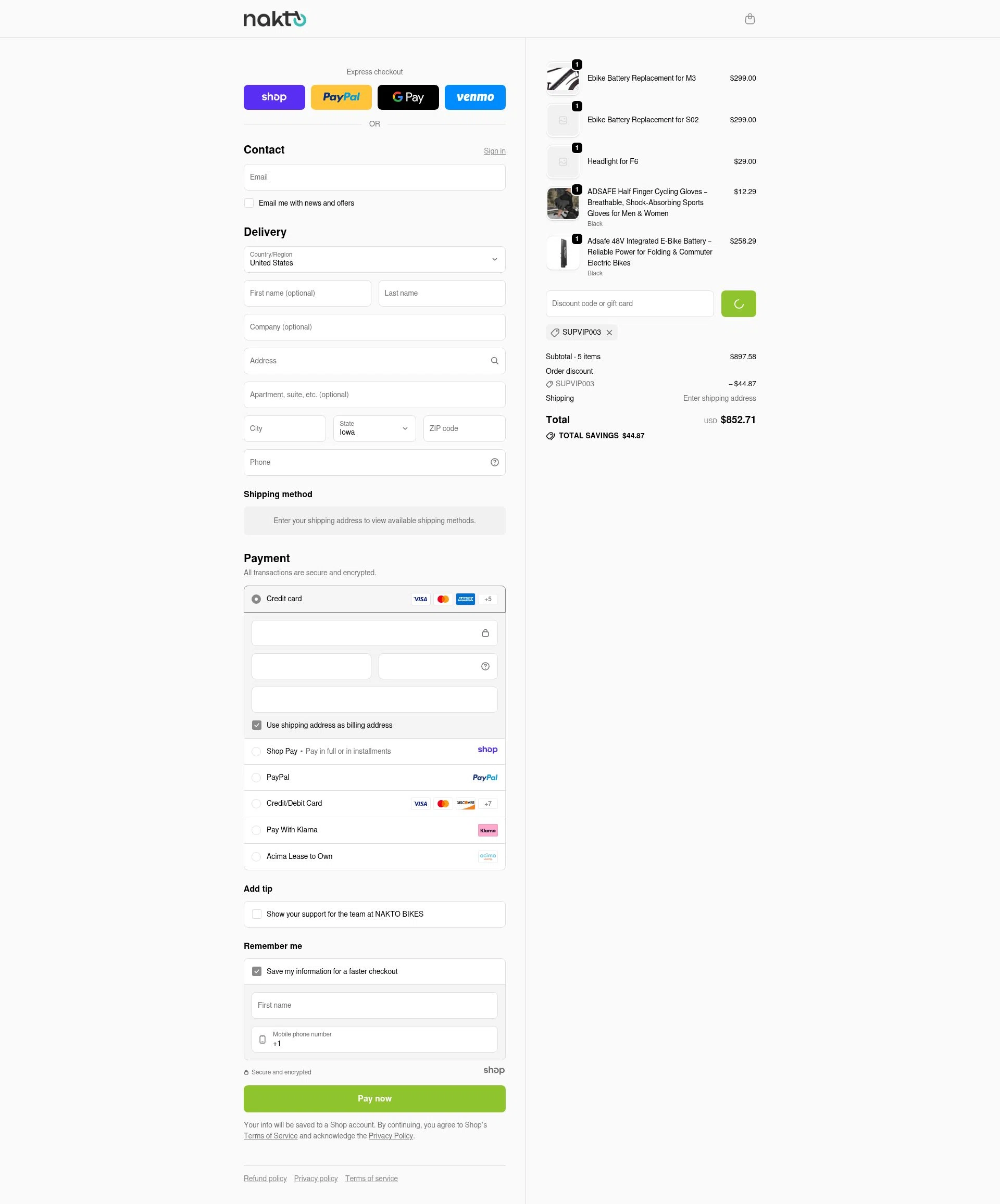 NAKTO Bikes checkout page showing NAKTO Bikes promo code box | Screenshot taken by SimplyCodes community member on Jan 8, 2026