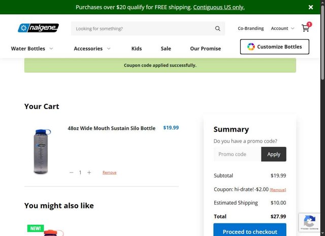 Nalgene checkout page showing Nalgene promo code box | Screenshot taken by SimplyCodes community member on Aug 20, 2025