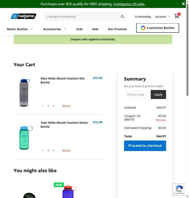 Nalgene checkout page showing Nalgene promo code box | Screenshot taken by SimplyCodes community member on Jul 27, 2025