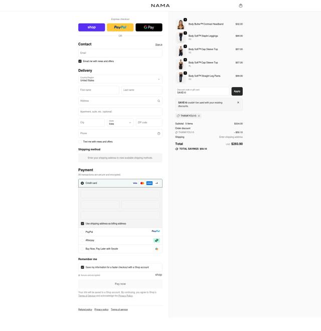 NAMA Clothing checkout page showing NAMA Clothing discount code box | Screenshot taken by SimplyCodes community member on Oct 3, 2025
