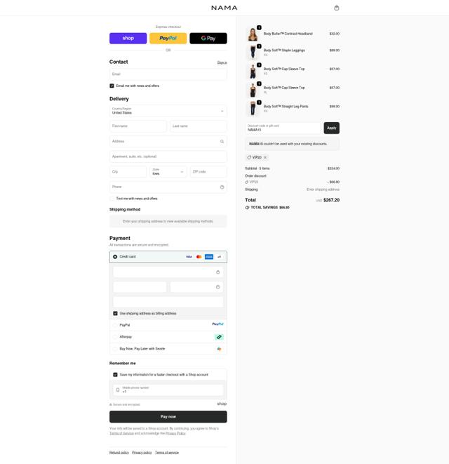 NAMA Clothing checkout page showing NAMA Clothing discount code box | Screenshot taken by SimplyCodes community member on Sep 30, 2025