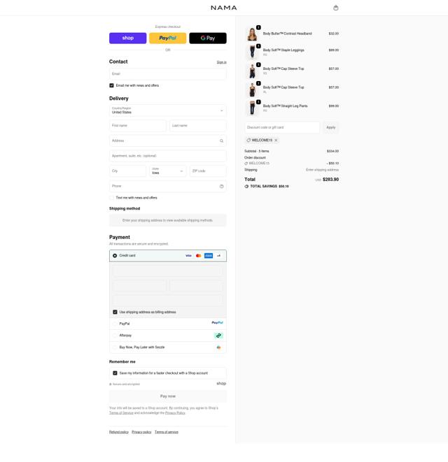 NAMA Clothing checkout page showing NAMA Clothing discount code box | Screenshot taken by SimplyCodes community member on Oct 3, 2025