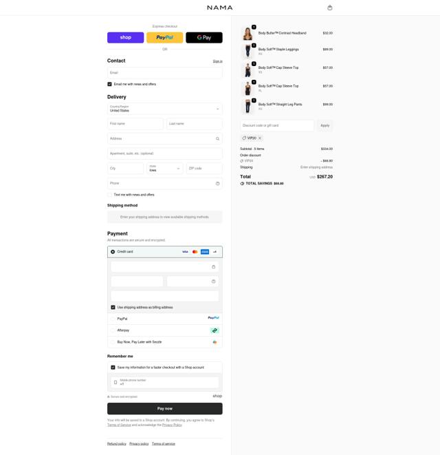 NAMA Clothing checkout page showing NAMA Clothing discount code box | Screenshot taken by SimplyCodes community member on Oct 3, 2025