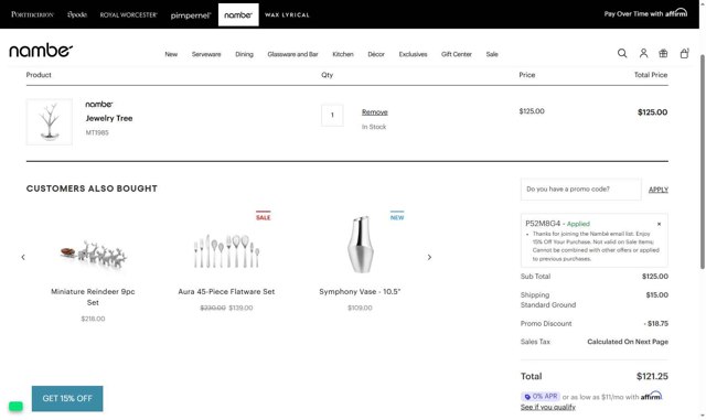 Nambe checkout page showing Nambe promo code box | Screenshot taken by SimplyCodes community member on Aug 20, 2025