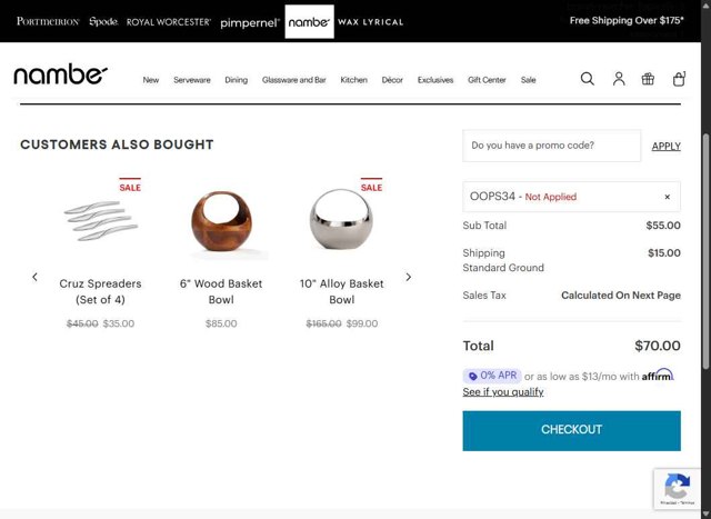 Nambe checkout page showing Nambe promo code box | Screenshot taken by SimplyCodes community member on Aug 18, 2025