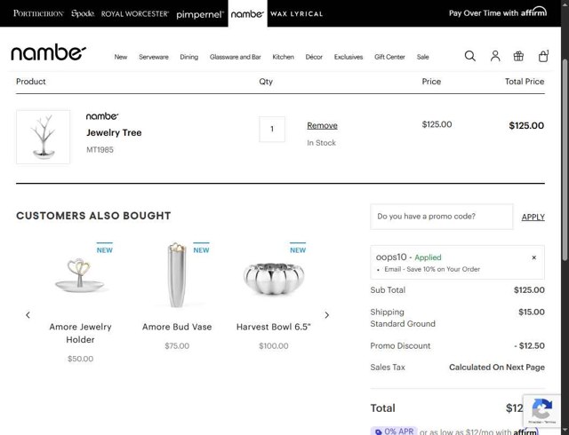 Nambe checkout page showing Nambe promo code box | Screenshot taken by SimplyCodes community member on Aug 27, 2025