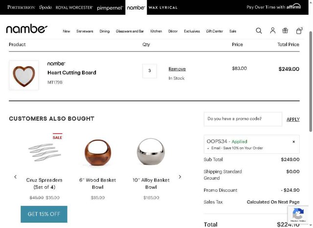 Nambe checkout page showing Nambe promo code box | Screenshot taken by SimplyCodes community member on Aug 28, 2025