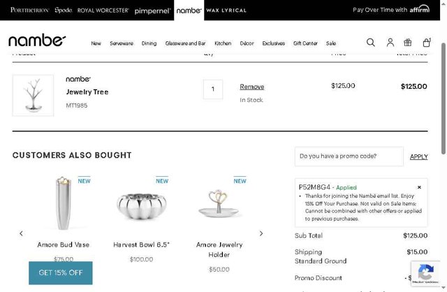 Nambe checkout page showing Nambe promo code box | Screenshot taken by SimplyCodes community member on Jul 22, 2025