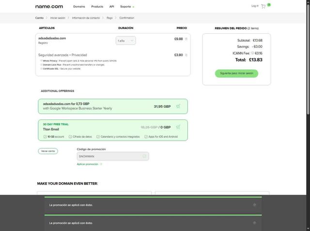 Name.com checkout page showing Name.com promo code box | Screenshot taken by SimplyCodes community member on Aug 18, 2025