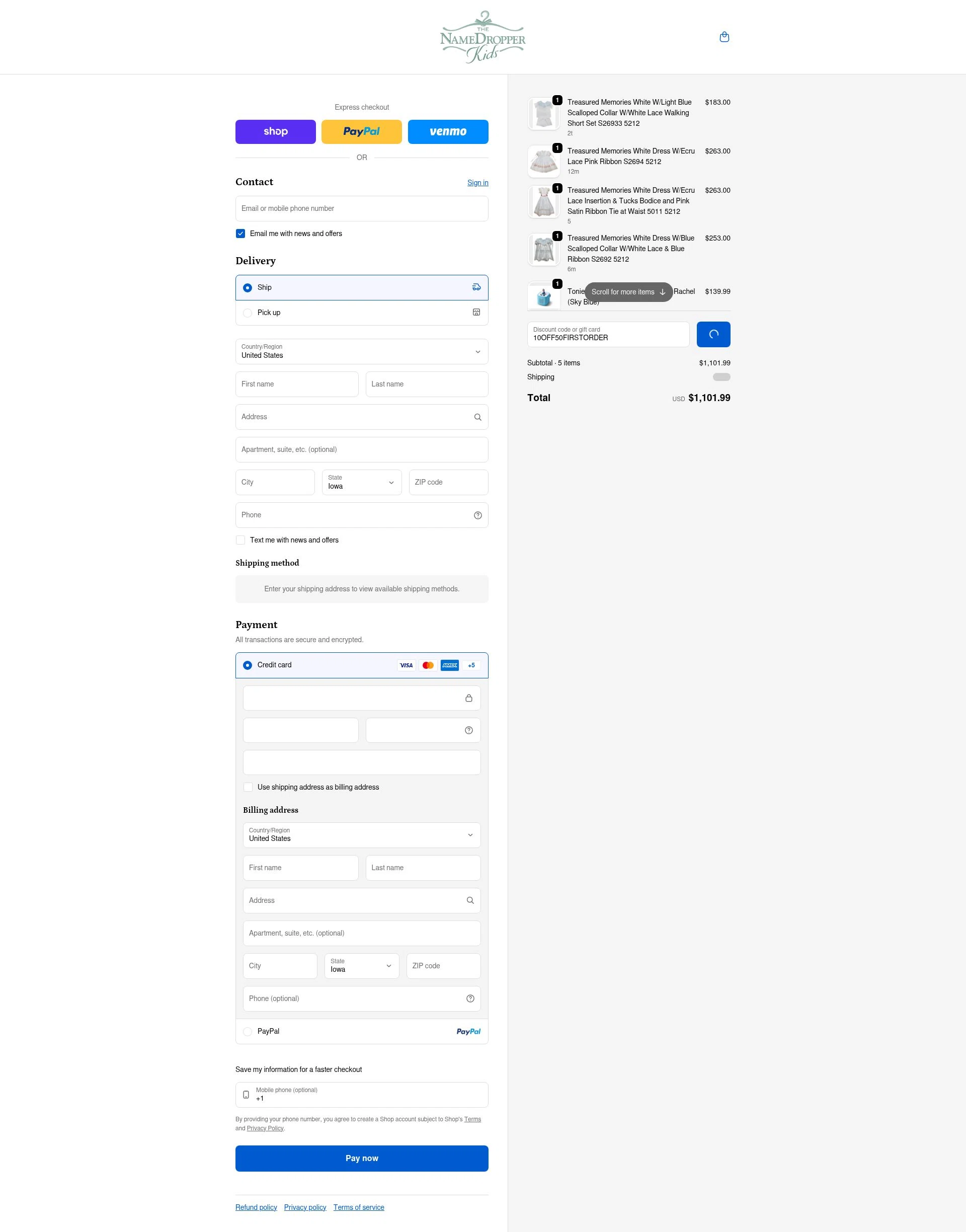 Name Dropper Kids checkout page showing Name Dropper Kids promo code box | Screenshot taken by SimplyCodes community member on Jan 10, 2026