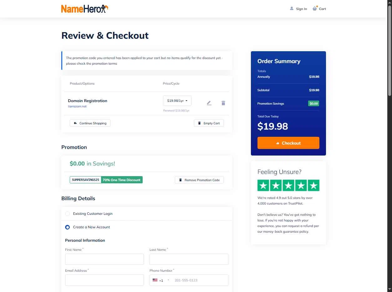 Name Hero checkout page showing Name Hero promo code box | Screenshot taken by SimplyCodes community member on Oct 11, 2025