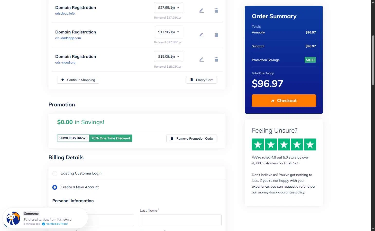 Name Hero checkout page showing Name Hero promo code box | Screenshot taken by SimplyCodes community member on Oct 3, 2025