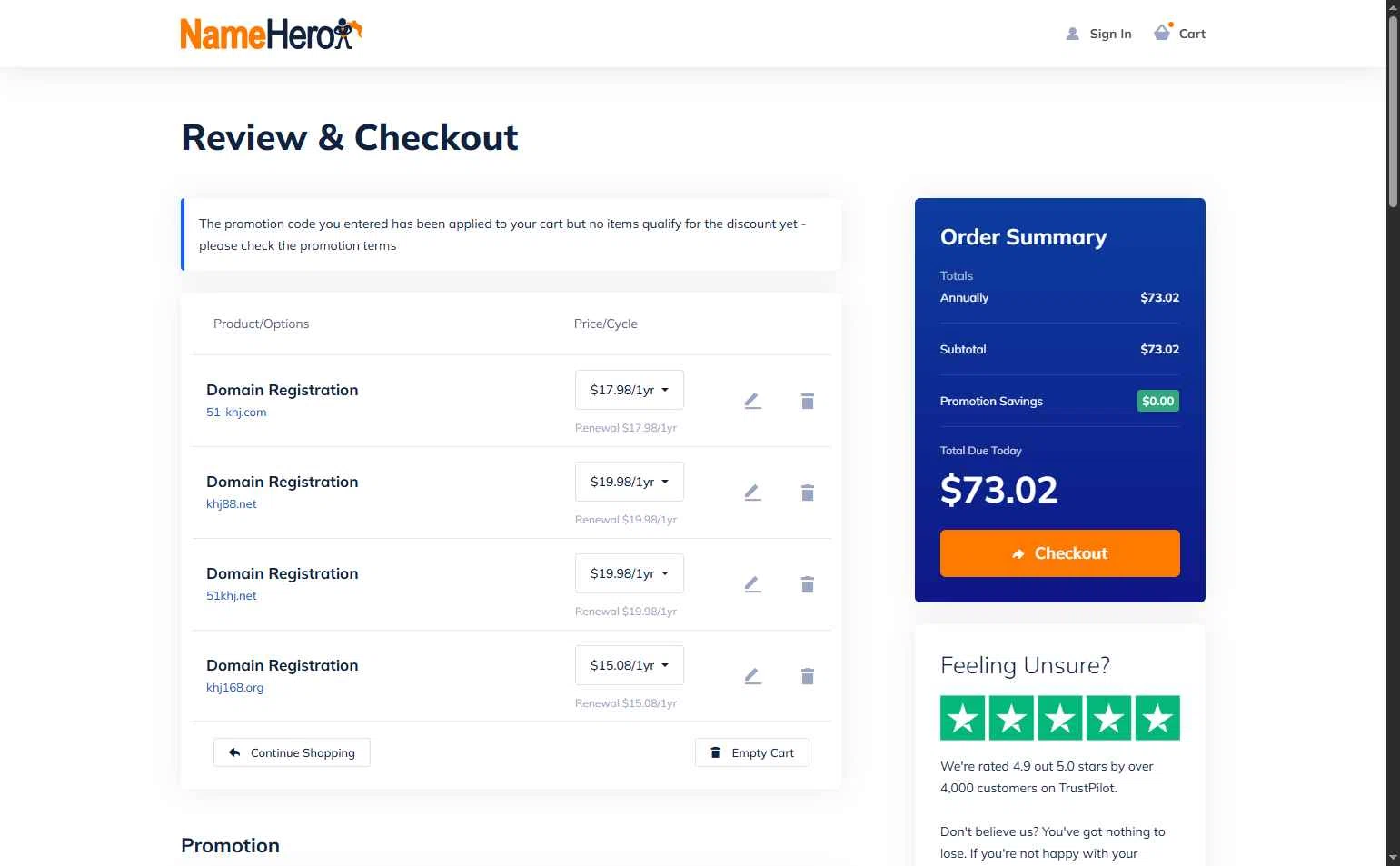 Name Hero checkout page showing Name Hero promo code box | Screenshot taken by SimplyCodes community member on Sep 19, 2025