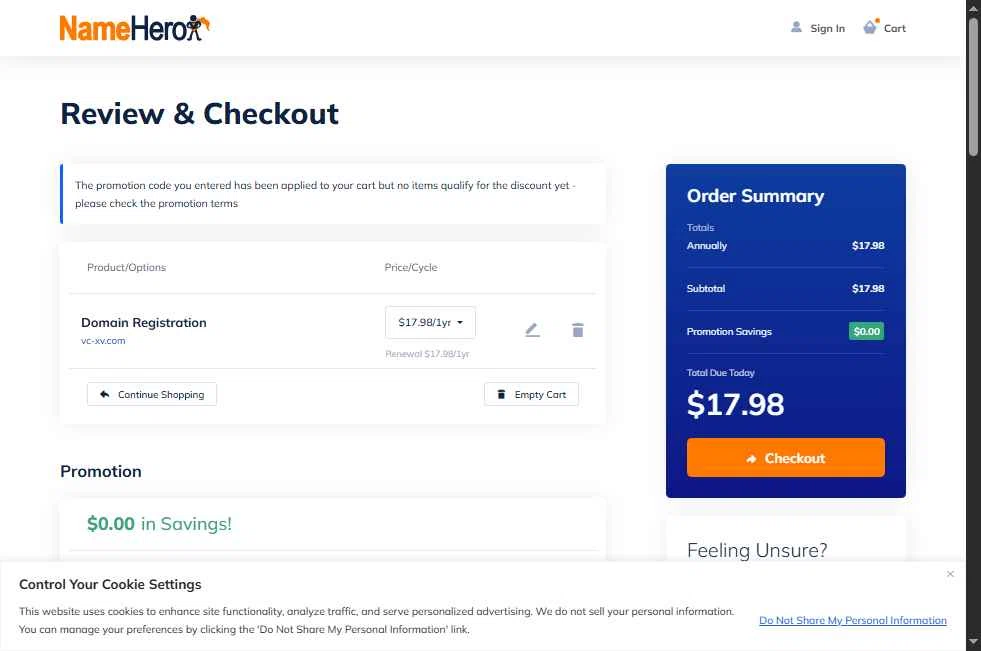 Name Hero checkout page showing Name Hero promo code box | Screenshot taken by SimplyCodes community member on Dec 17, 2025