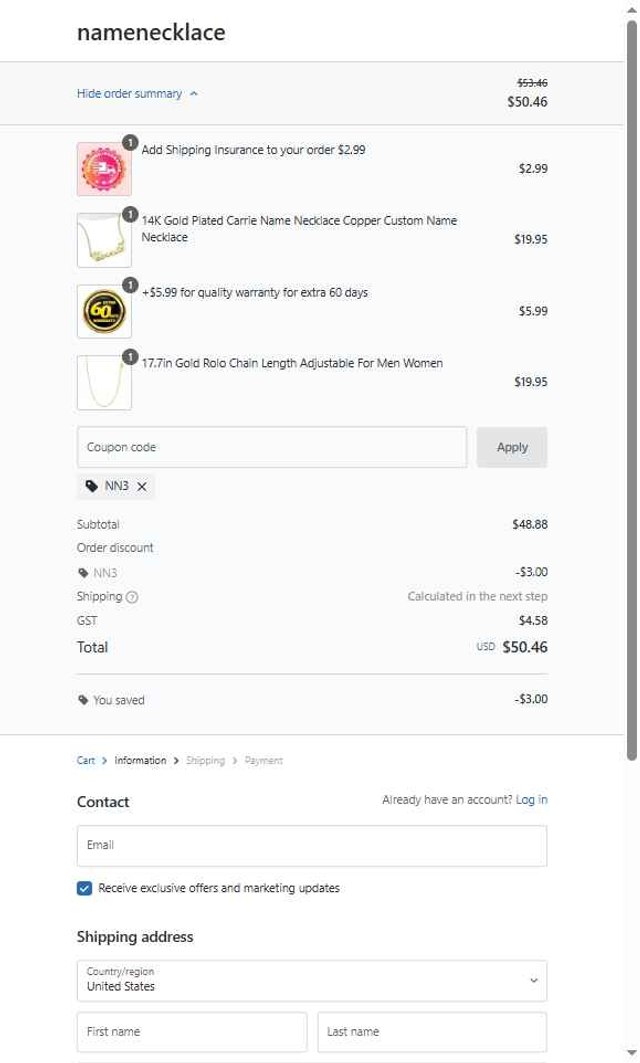 Name Necklace checkout page showing Name Necklace promo code box | Screenshot taken by SimplyCodes community member on Jul 8, 2025