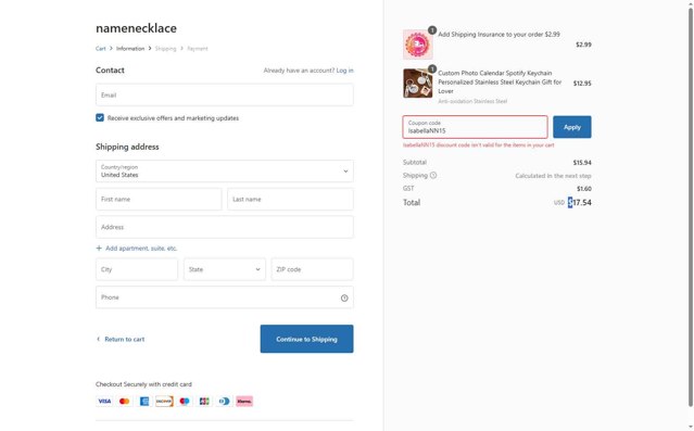 Name Necklace checkout page showing Name Necklace promo code box | Screenshot taken by SimplyCodes community member on Jul 7, 2025