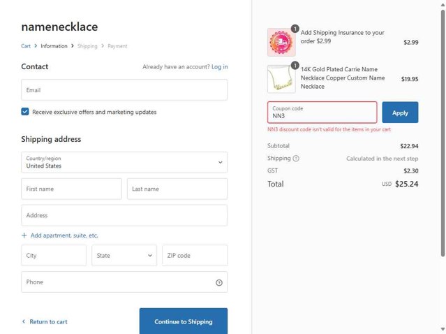 Name Necklace checkout page showing Name Necklace promo code box | Screenshot taken by SimplyCodes community member on Jul 8, 2025