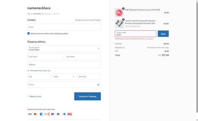 Name Necklace checkout page showing Name Necklace promo code box | Screenshot taken by SimplyCodes community member on Jul 4, 2025