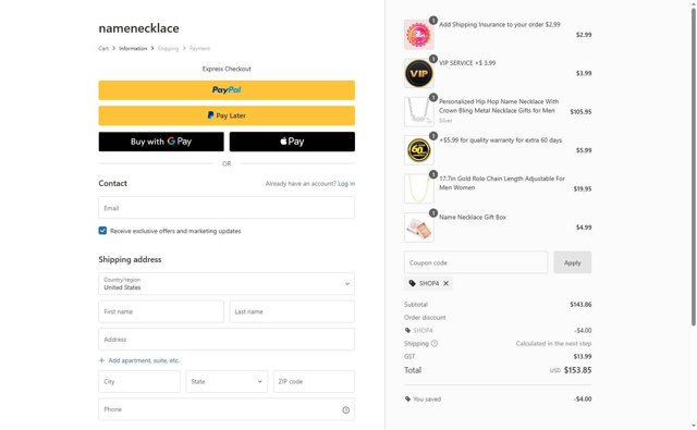 Name Necklace checkout page showing Name Necklace promo code box | Screenshot taken by SimplyCodes community member on Aug 10, 2025