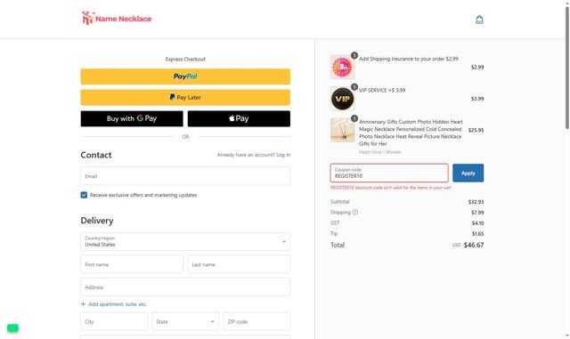 Name Necklace checkout page showing Name Necklace promo code box | Screenshot taken by SimplyCodes community member on Aug 27, 2025