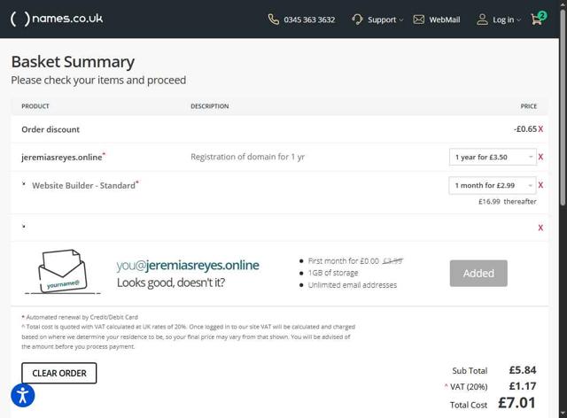 Names.co.uk checkout page showing Names.co.uk promo code box | Screenshot taken by SimplyCodes community member on Jul 17, 2025