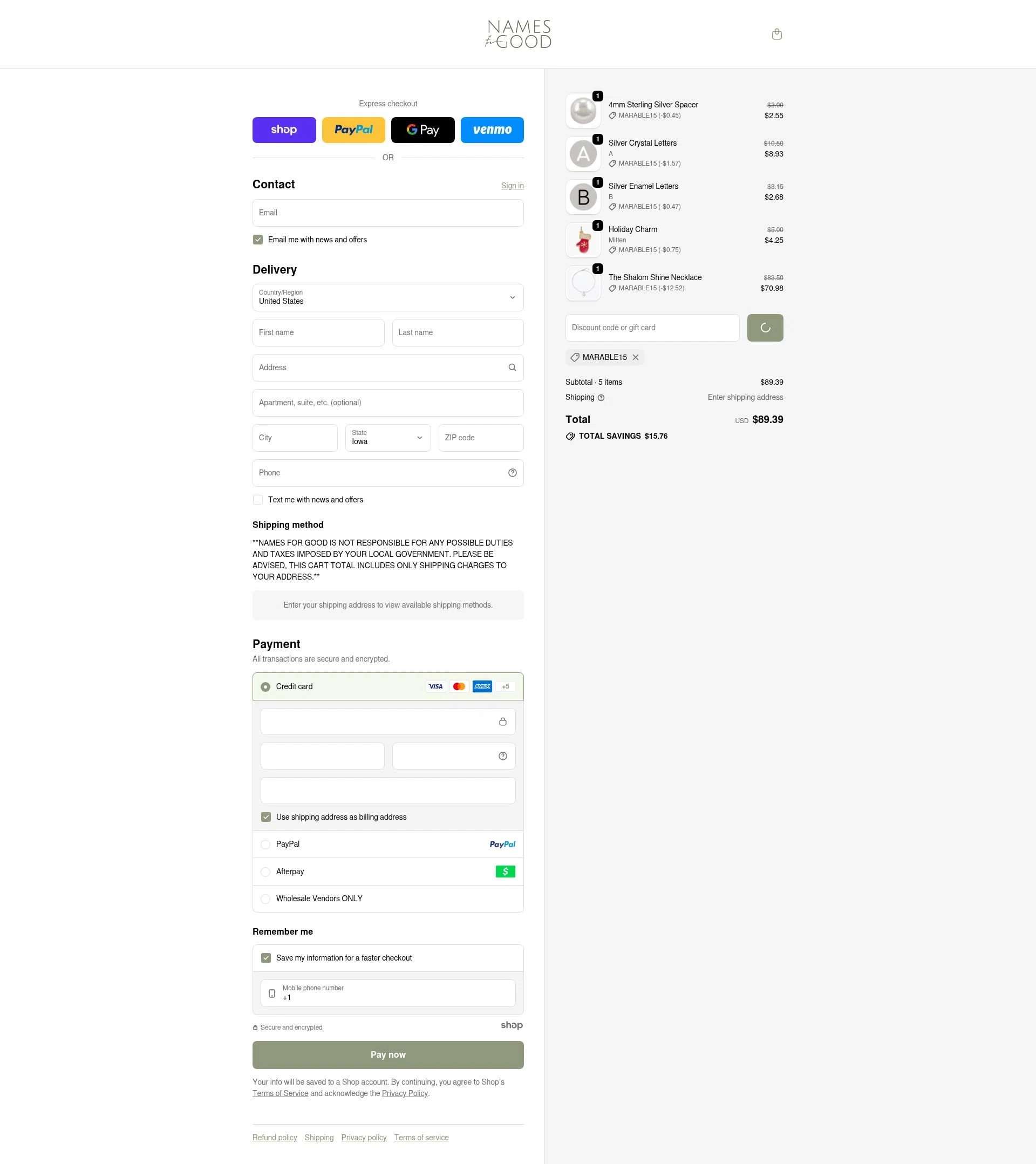 Names for Good checkout page showing Names for Good discount code box | Screenshot taken by SimplyCodes community member on Jan 1, 2026