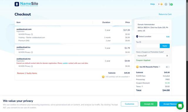 Namesilo checkout page showing Namesilo promo code box | Screenshot taken by SimplyCodes community member on Sep 14, 2025