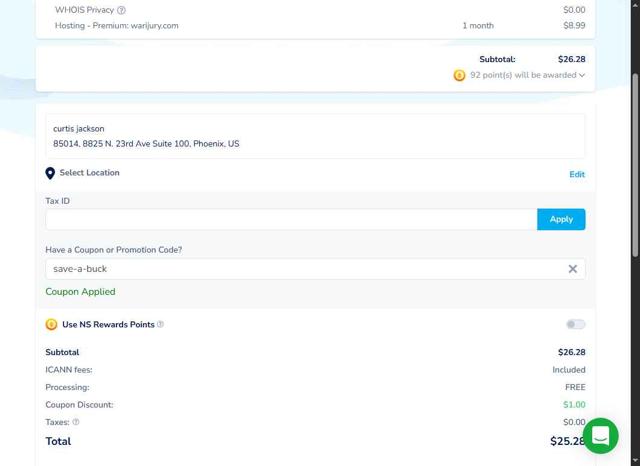 Namesilo checkout page showing Namesilo promo code box | Screenshot taken by SimplyCodes community member on Sep 8, 2025