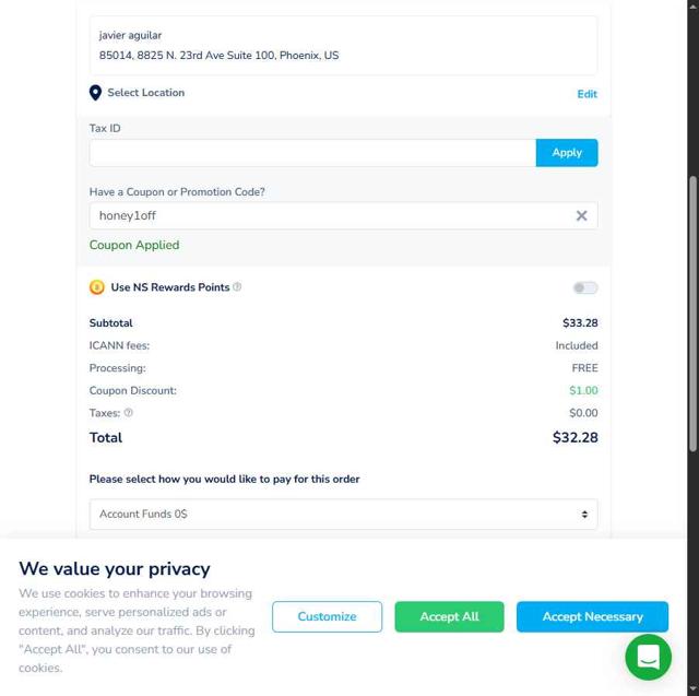 Namesilo checkout page showing Namesilo promo code box | Screenshot taken by SimplyCodes community member on Sep 3, 2025