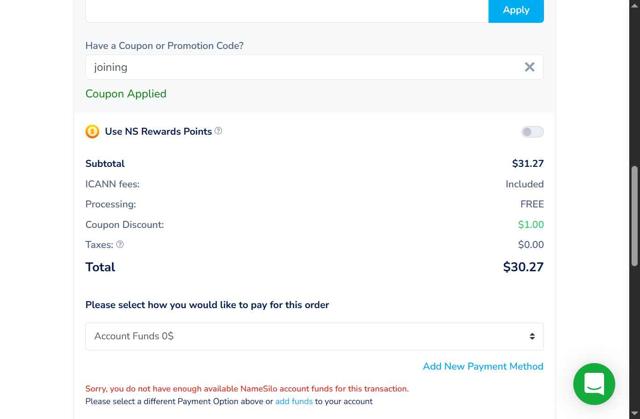 Namesilo checkout page showing Namesilo promo code box | Screenshot taken by SimplyCodes community member on Sep 1, 2025