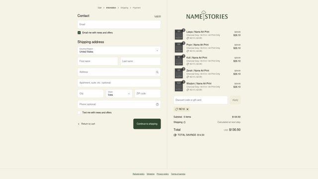 Name Stories checkout page showing Name Stories discount code box | Screenshot taken by SimplyCodes community member on Sep 7, 2025