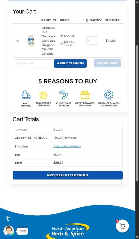 North American Herb & Spice checkout page showing North American Herb & Spice promo code box | Screenshot taken by SimplyCodes community member on Aug 24, 2025