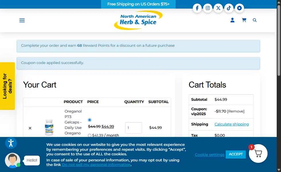 North American Herb & Spice checkout page showing North American Herb & Spice promo code box | Screenshot taken by SimplyCodes community member on Oct 31, 2025