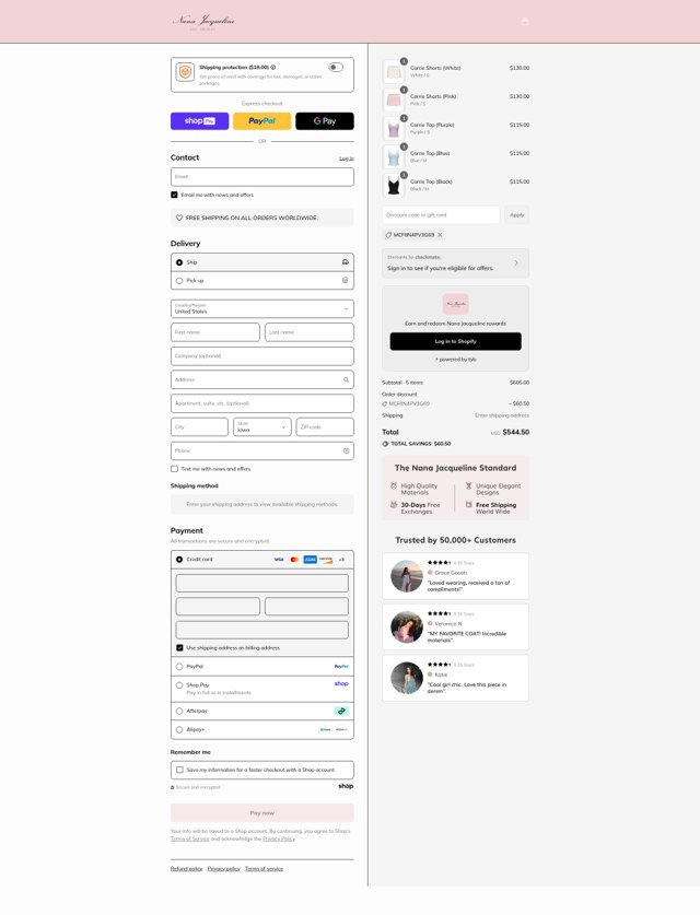 Nana Jacqueline checkout page showing Nana Jacqueline discount code box | Screenshot taken by SimplyCodes community member on Aug 16, 2025